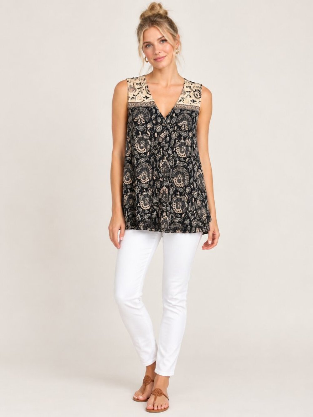 Lucky Brand Mixed Media Paisley Sleeveless Top Black Cream XL #A4513